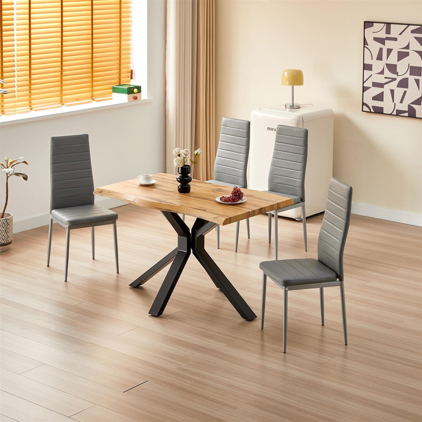 DOUBS Brown Wooden Dining Table with 4 Grey Chairs - Dining Kitchen Room Furniture