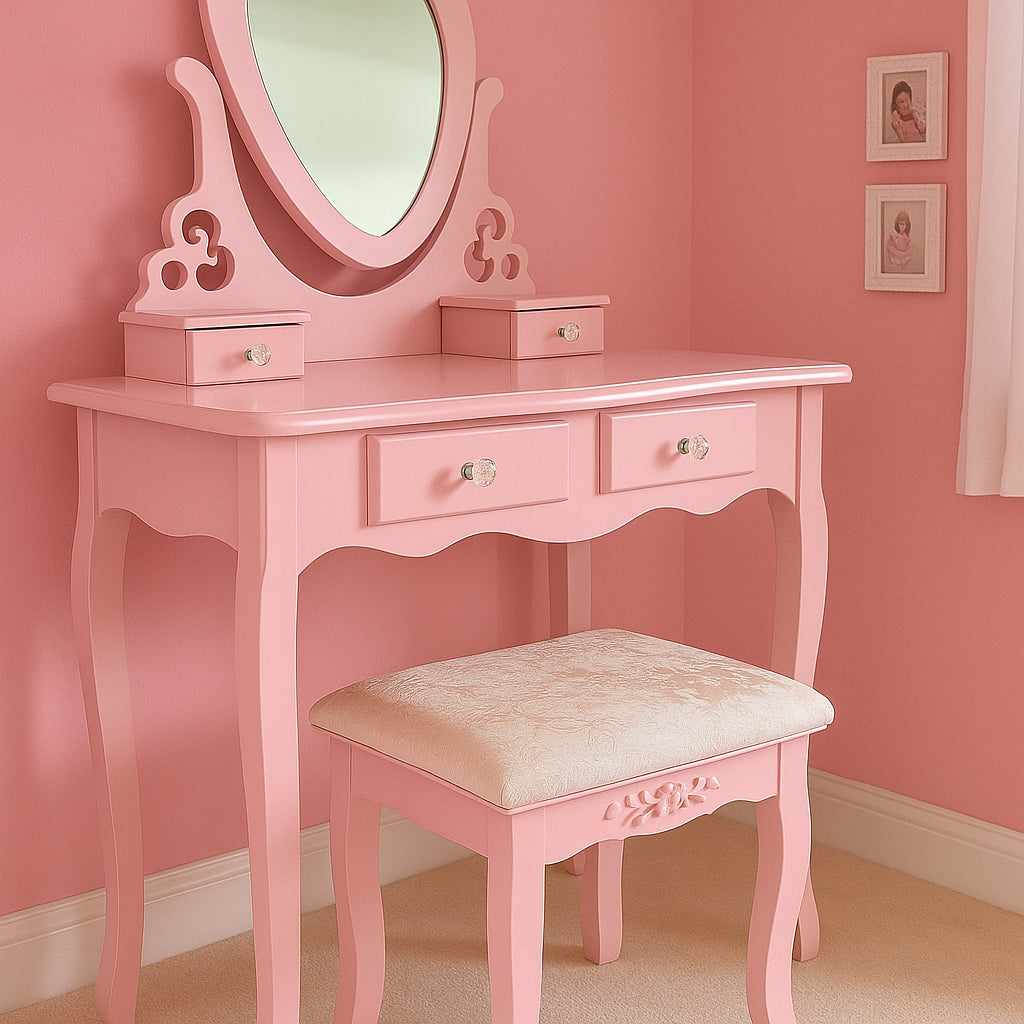 DOUBS Dressing Table with Heart Shaped Mirror and Stool Makeup Vanity Mirror Hollywood Table