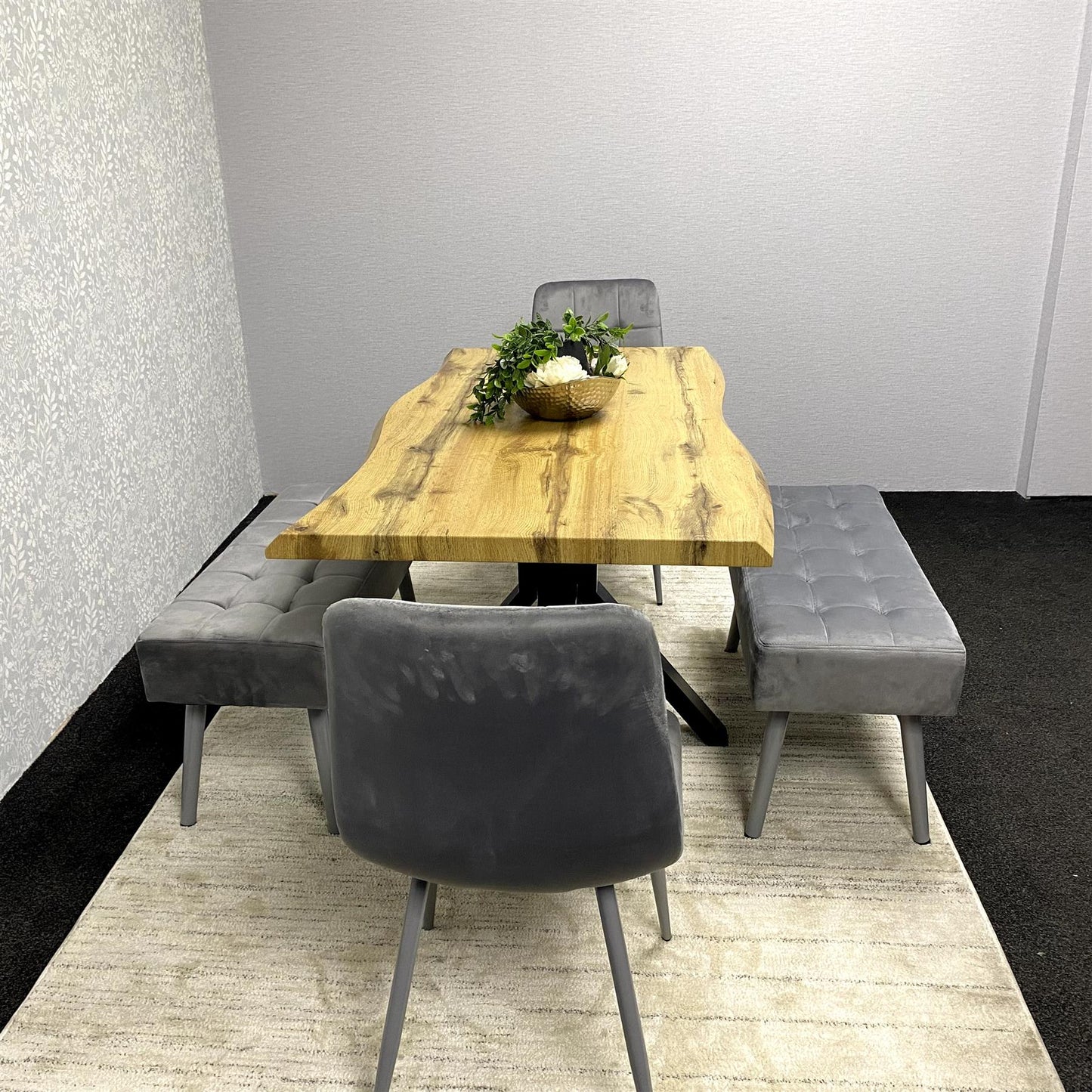 DOUBS Wooden Brown Dining Table with 2 Grey Velvet Chairs and Padded Benches, Dining Room Furniture