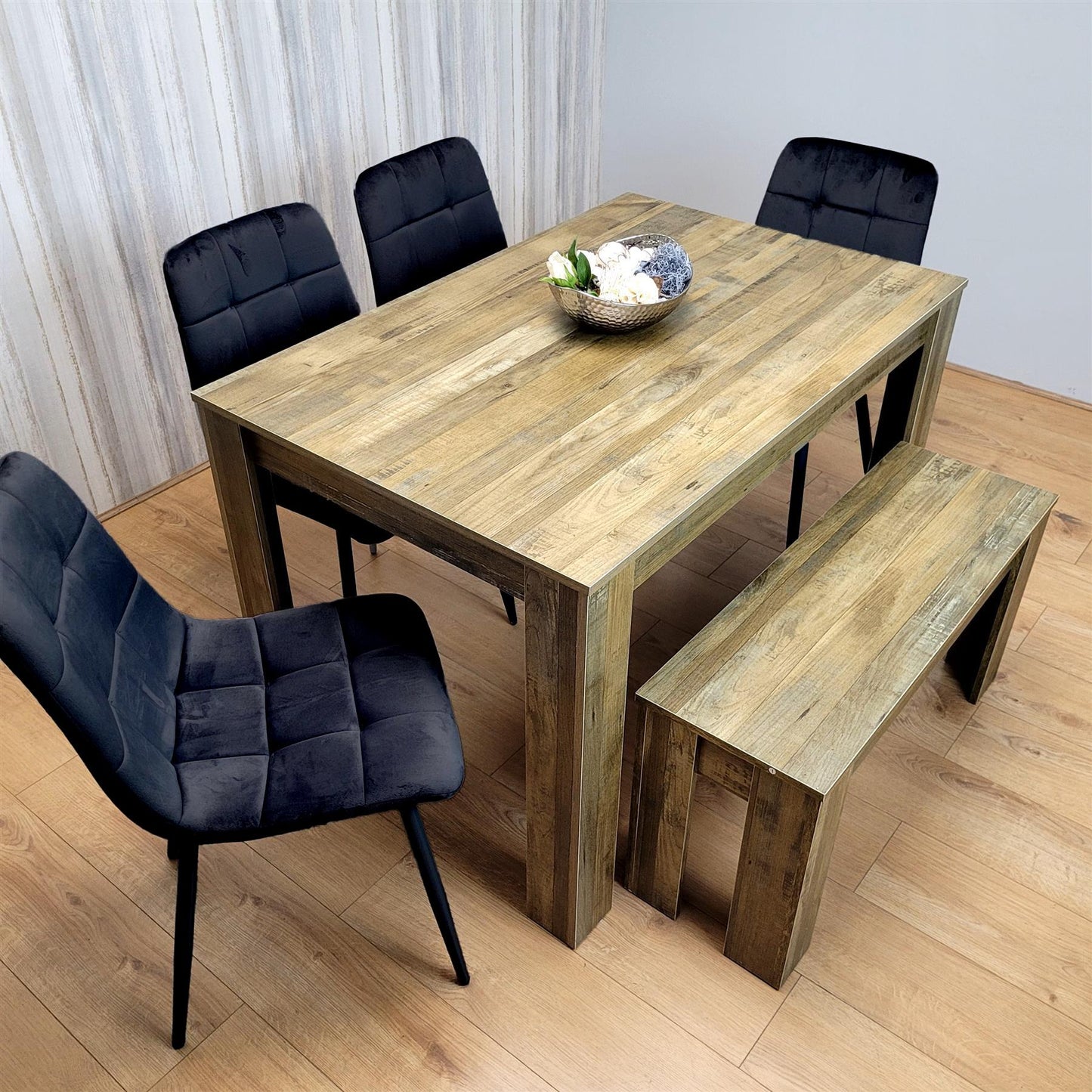 Modern Dining Table with 4 Black Velvet Chairs and Bench Kitchen Set