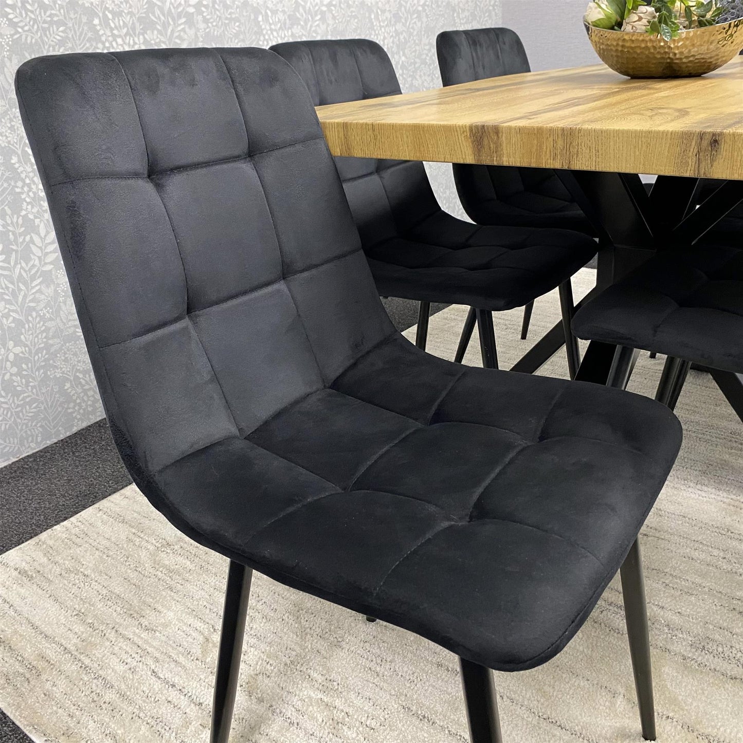 DOUBS Wooden Brown Dining Table with 6 Black Velvet Chairs, Stylish Dining Room Furniture