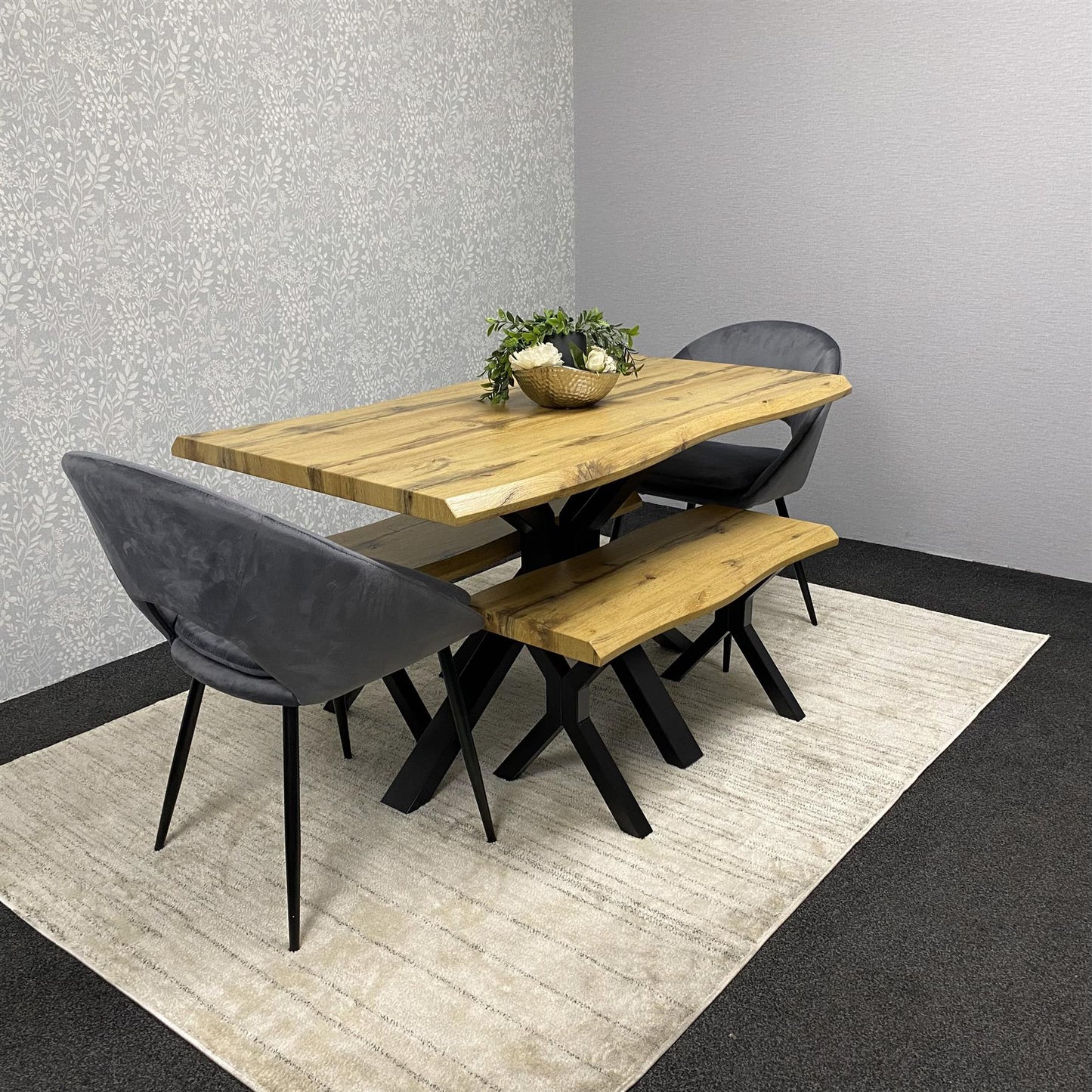 DOUBS Wooden Brown Dining Table with 2 Benches and Grey Velvet Chairs, Stylish Dining Room Furniture