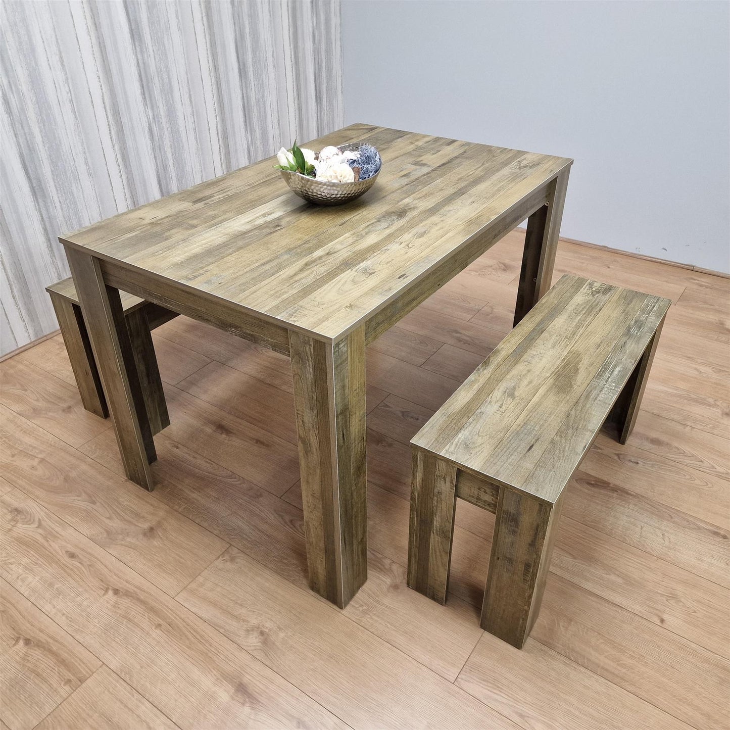 DOUBS Dining Table and 2 Benches Rustic Effect Wood Table Rustic Benches Dining Room