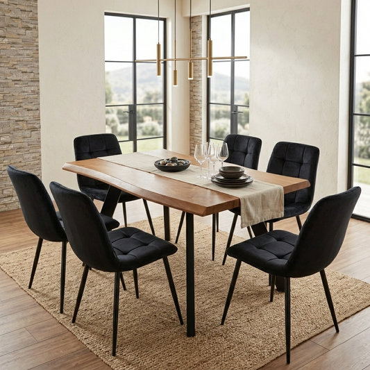 DOUBS Dining Table  and 6 Black Velvet Chairs Wooden Table and 6 velvet Tufted Chairs