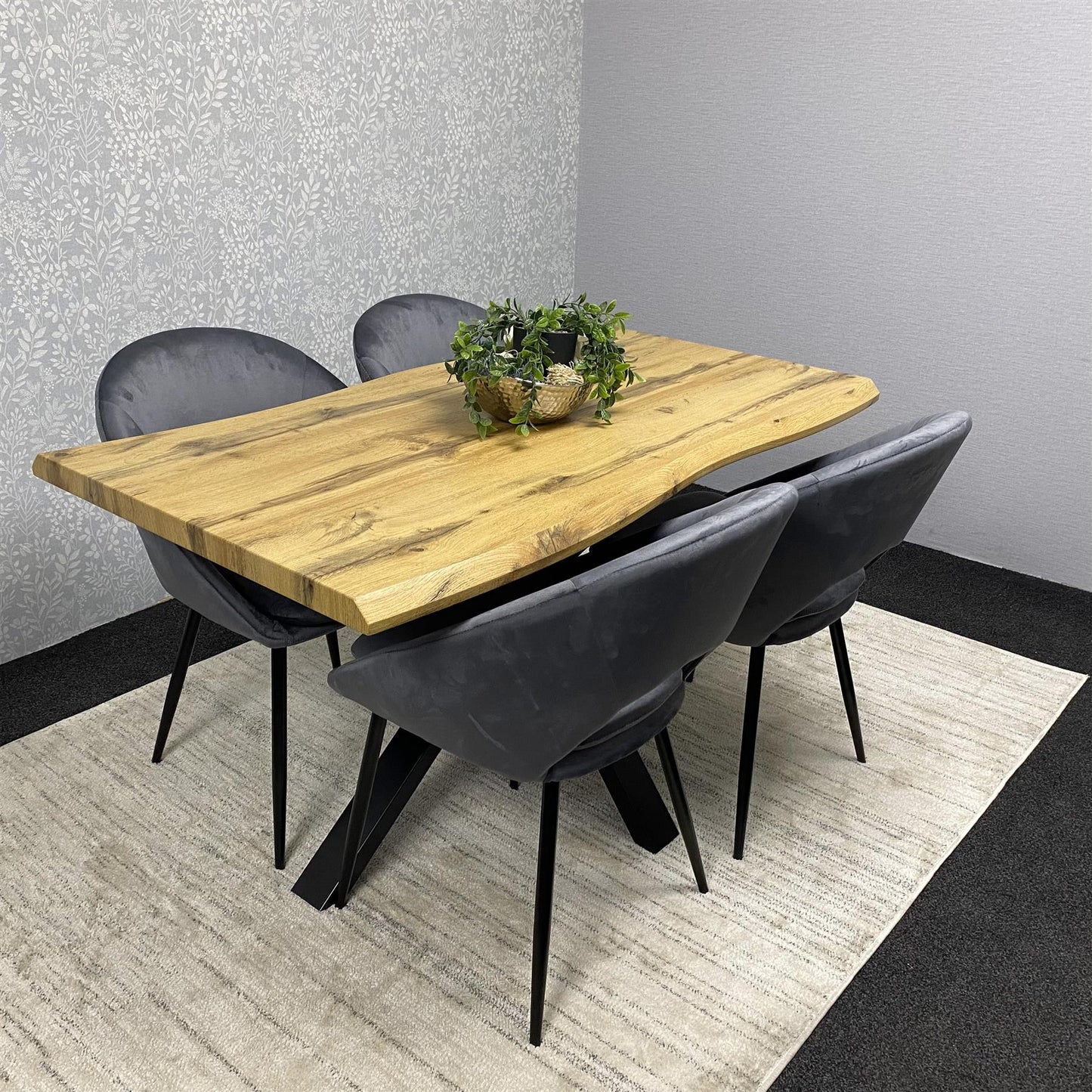 DOUBS Wooden Dining Table with X-Shaped Iron Legs and 4 Grey Velvet Chairs – Modern Dining Set for Home and Kitchen