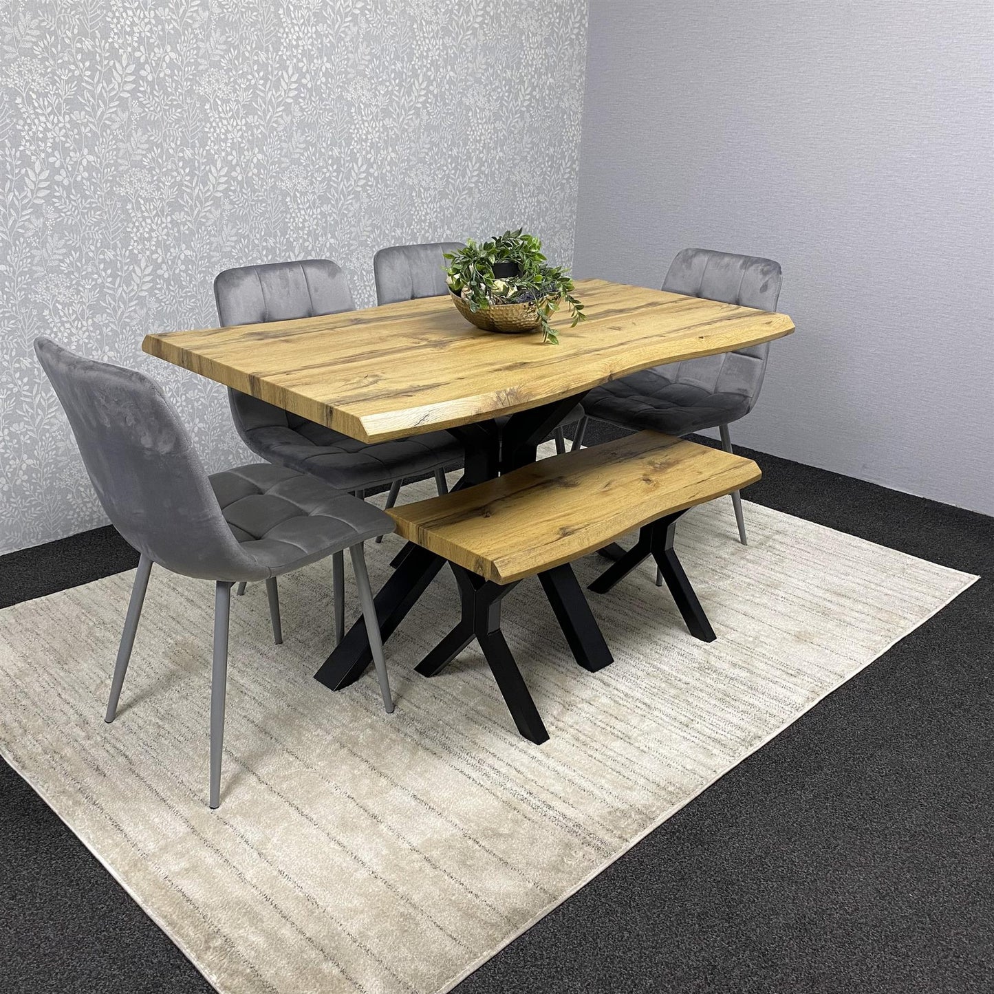 DOUBS Wooden Brown Dining Table with Bench and 4 Grey Velvet Chairs, Stylish Dining Room Furniture