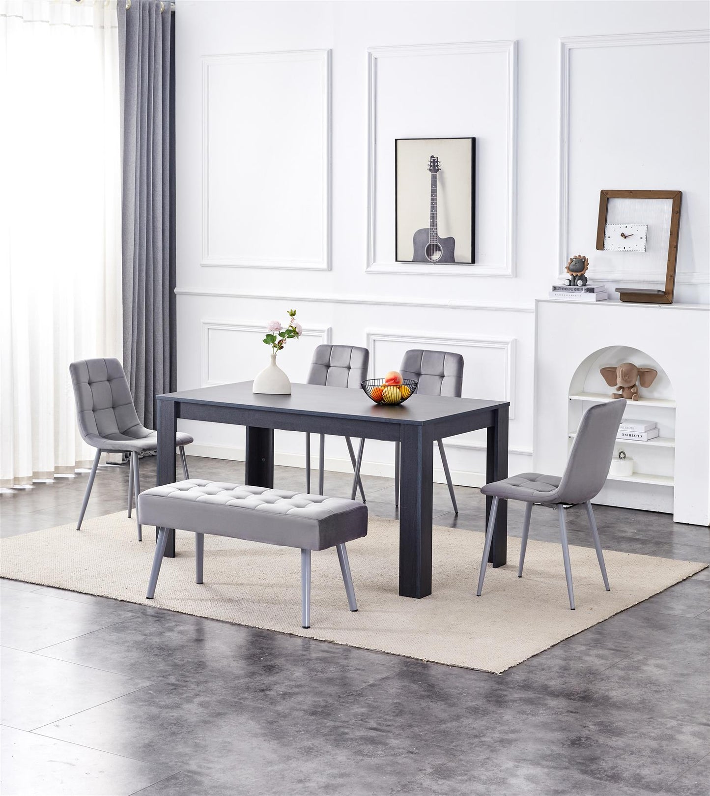 Dining Table and 4 Chairs With Bench Dark Grey, 4 Grey Velvet Chairs Wood Dining Set Furniture