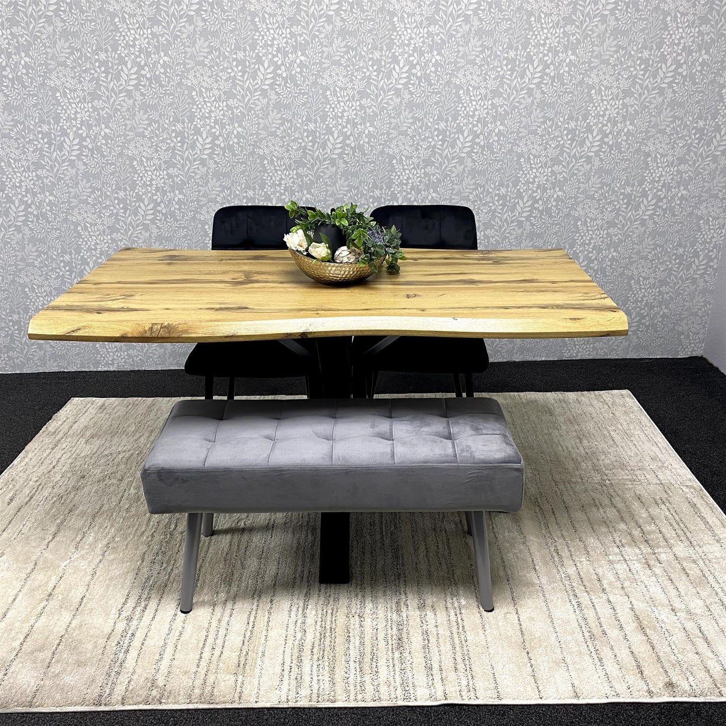 DOUBS Wood Dining Set with Velvet Chairs & Grey Velvet Bench