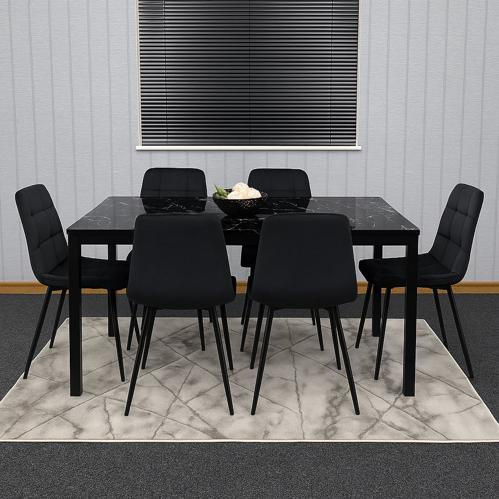Black Glass Marble Effect Dining Table Set with Velvet Chairs