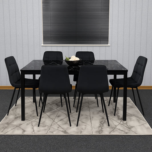 Black Glass Marble Effect Dining Table Set with Velvet Chairs