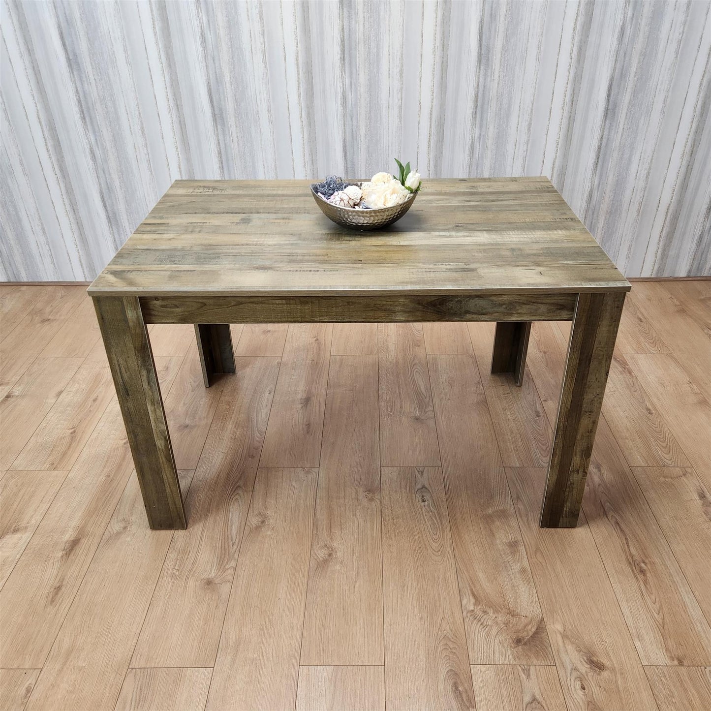 Dining Table and 4 Chairs Rustic Effect Wood Table 4 Grey Plastic Leather Chairs Dining Room