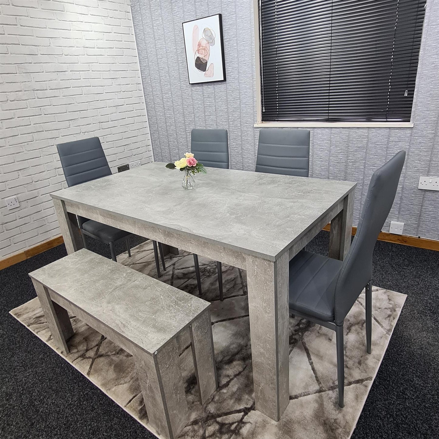 Dining Table and 4 Chairs With Bench Stone Grey Effect Wood Table 4 Grey Leather Chairs Dining Room