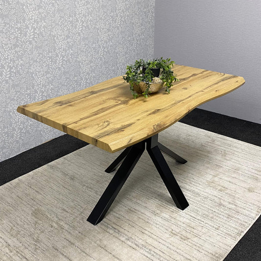 Durable Wooden Dining Table with X-Shaped Iron Legs, Curved Edge for Dining, Work, or Study