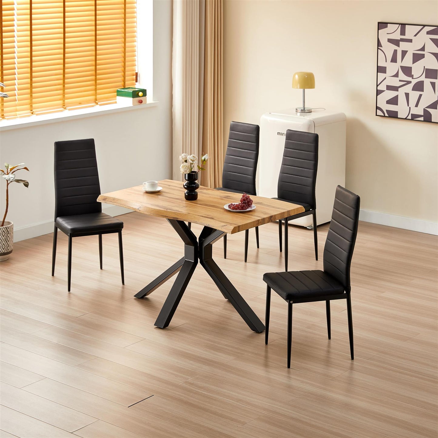DOUBS Brown Wooden Dining Table with 4 Black Leather Chairs - Dining Kitchen Room Furniture