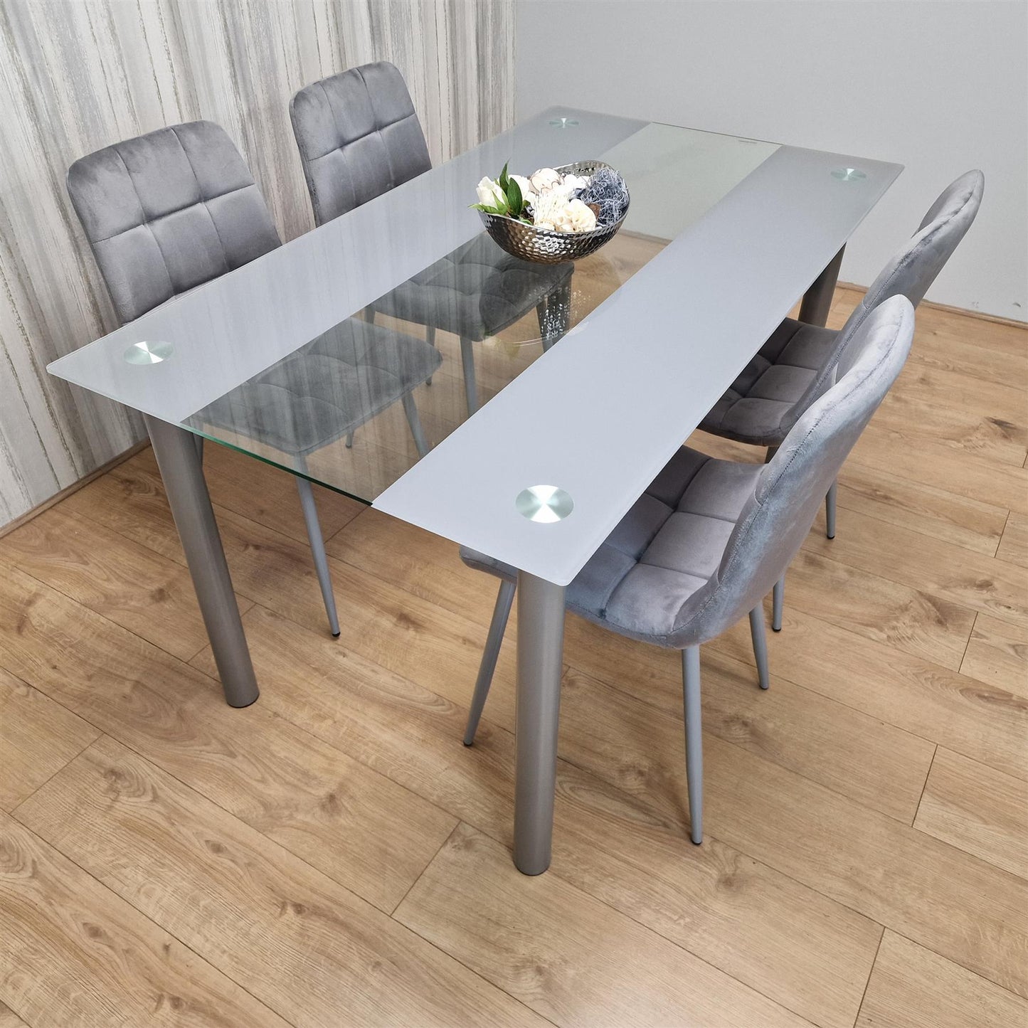 Dining Table Clear Glass and 4 Velvet Grey Chairs Dining Room Furniture