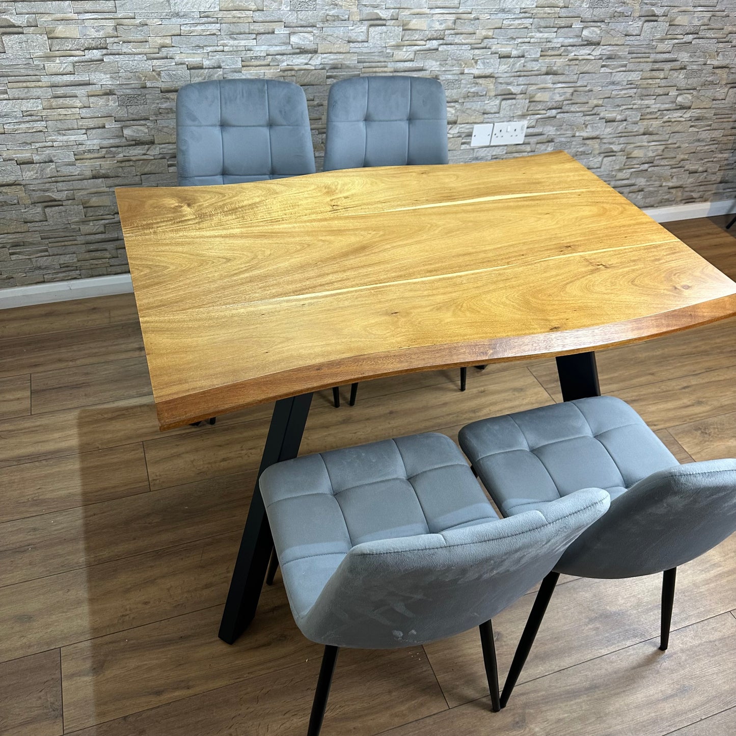 Doubs Dining Set with 4 Chairs 120cm Natural Wood Dining Table Set with 4 Grey Velvet Chairs