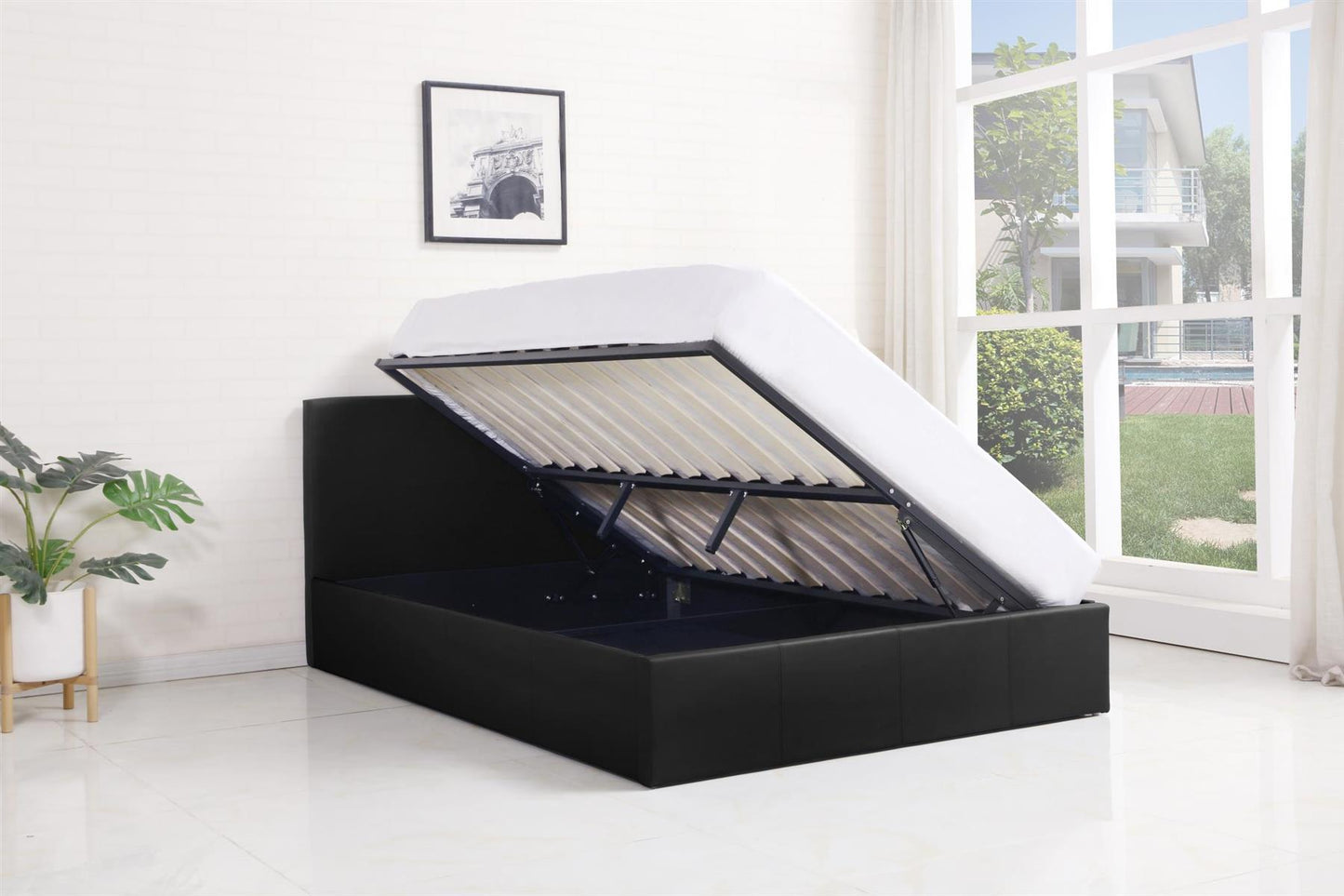 Ottoman Bed Gas Lift Storage Leather 3ft , 4ft,  4ft6 Bed , Pine Wood , Optional Memory Foam Matress