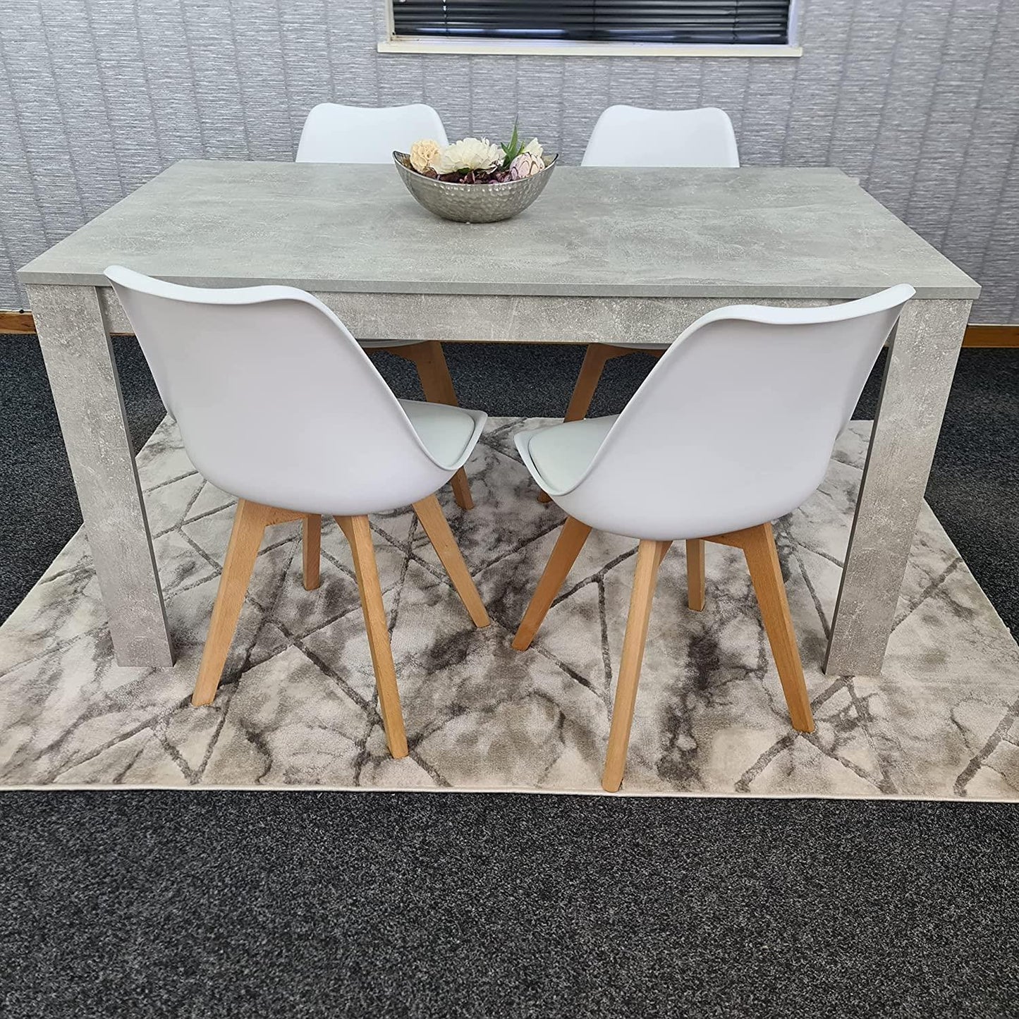 Dining Table and 4 Chairs Stone Grey Effect Wood Table 4 White Plastic Leather Chairs Dining Room