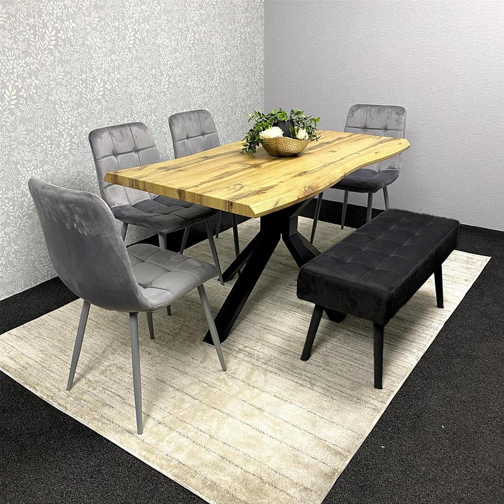 DOUBS Wooden Brown Dining Table with 2 Grey Velvet Chairs and Black Padded Bench, Dining Room Furniture