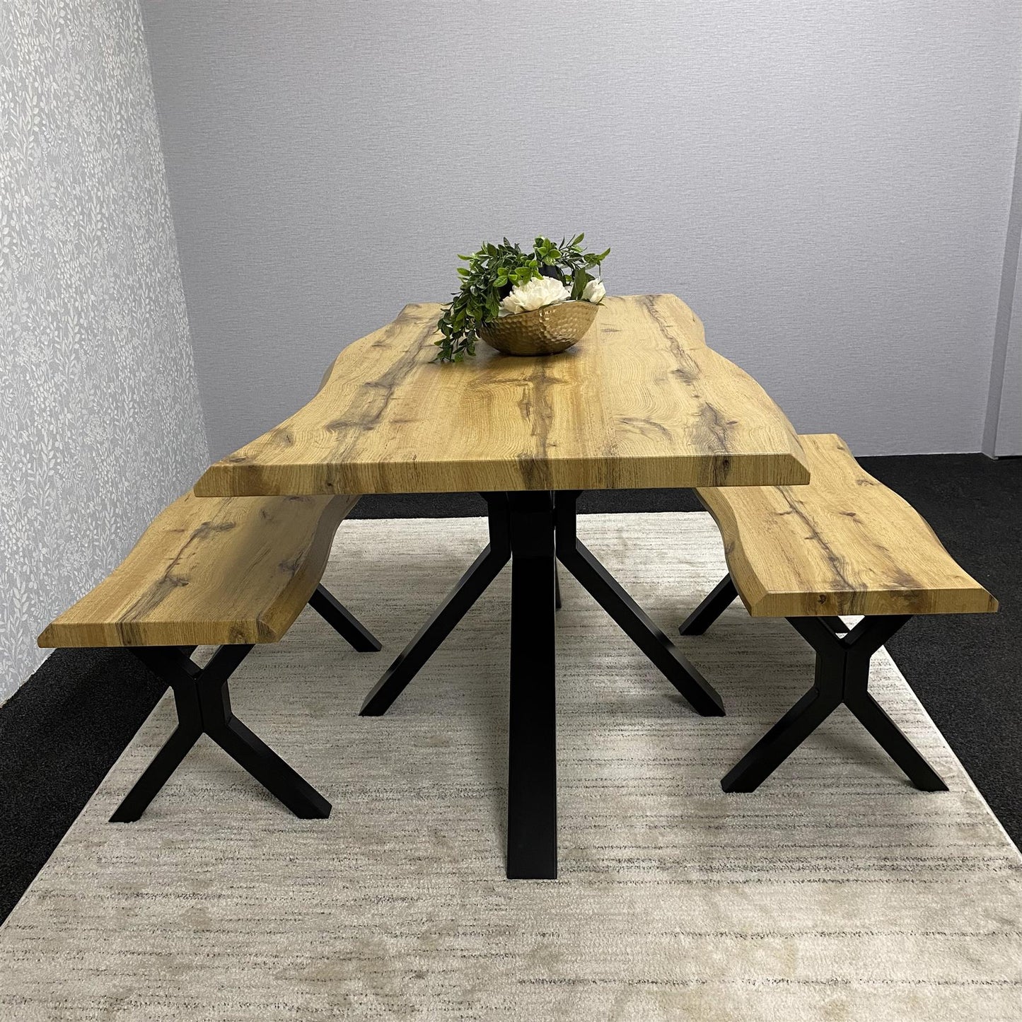 DOUBS Wooden Dining Table and 2 Benches Set with X-Shaped Iron Legs, Curved Edge for Dining Room