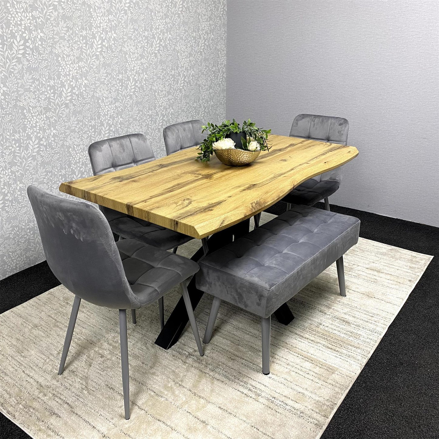 DOUBS Wooden Brown Dining Table with 4 Grey Velvet Chairs and Padded Bench, Dining Room Furniture