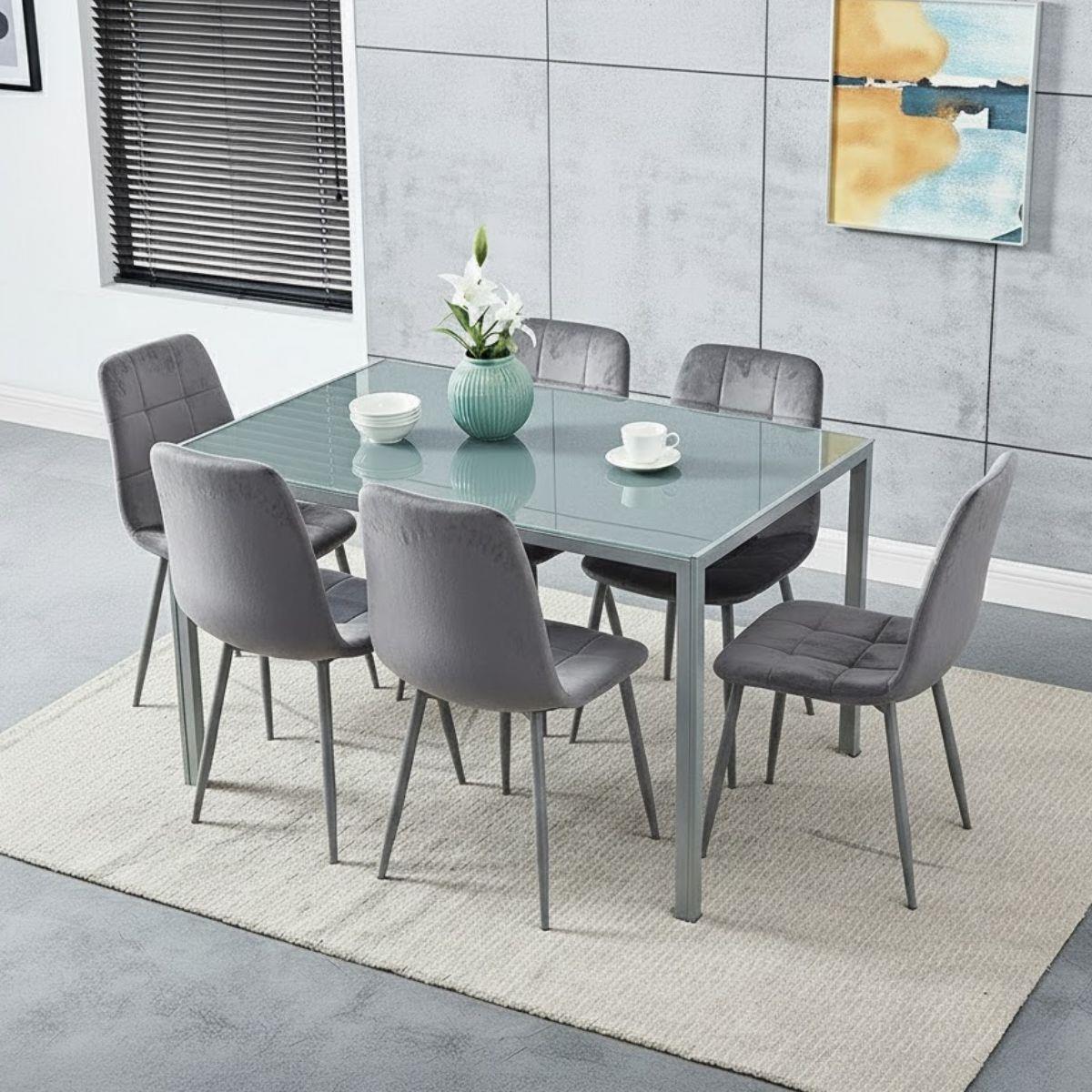 Modern Grey Glass Dining Table with 6 Grey velvet Chairs Dining Room Furniture