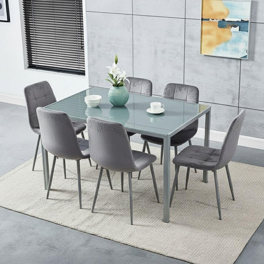 Modern Grey Glass Dining Table with 6 Grey velvet Chairs Dining Room Furniture