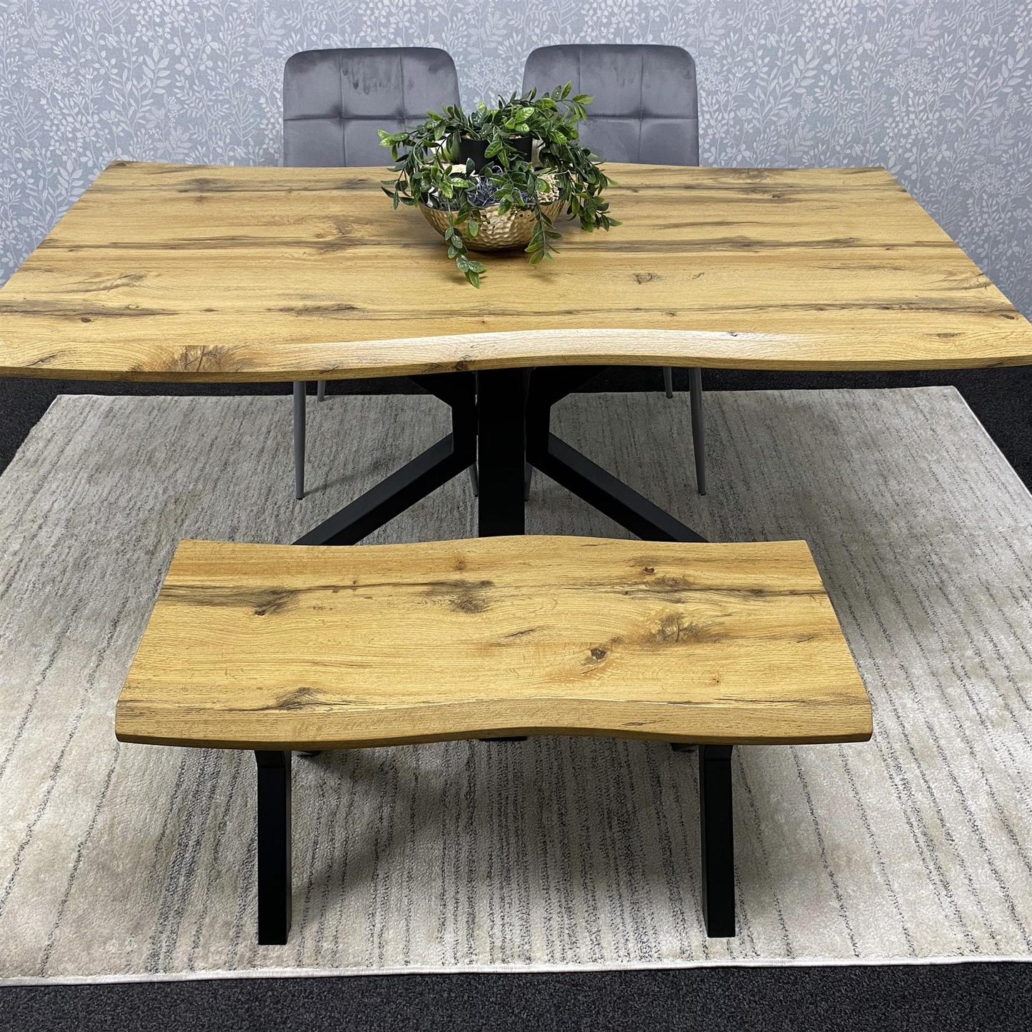 DOUBS Brown Wooden Dining Table with 2 Grey Velvet Chairs and Bench - Dining Kitchen Room Furniture