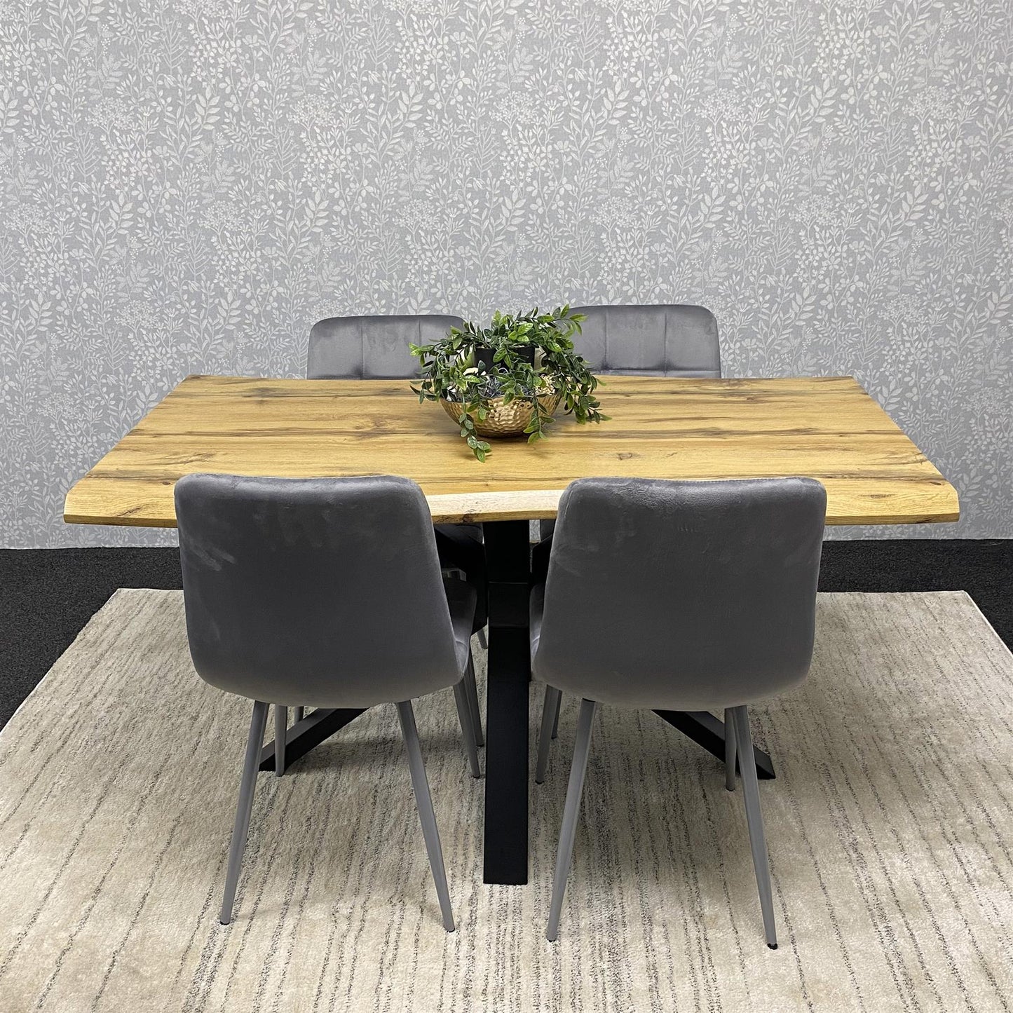 DOUBS Wooden Brown Dining Table with 4 Grey Velvet Chairs, Stylish Dining Room Furniture