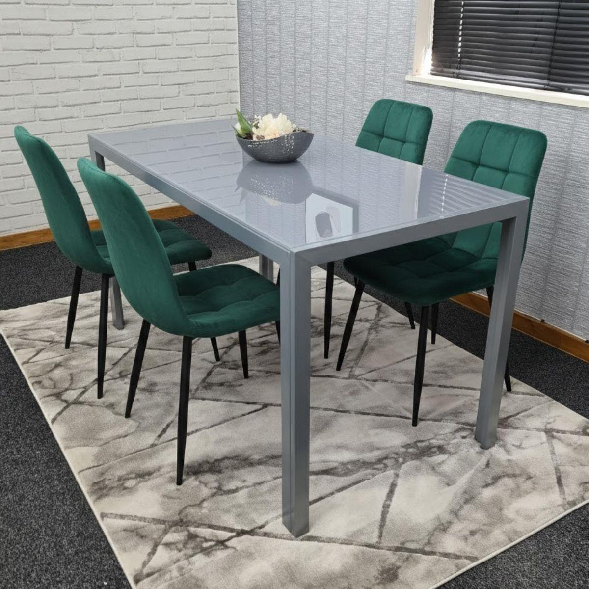 Modern Grey Glass Dining Table Set with 4 Green velvet Chairs Dining Furniture