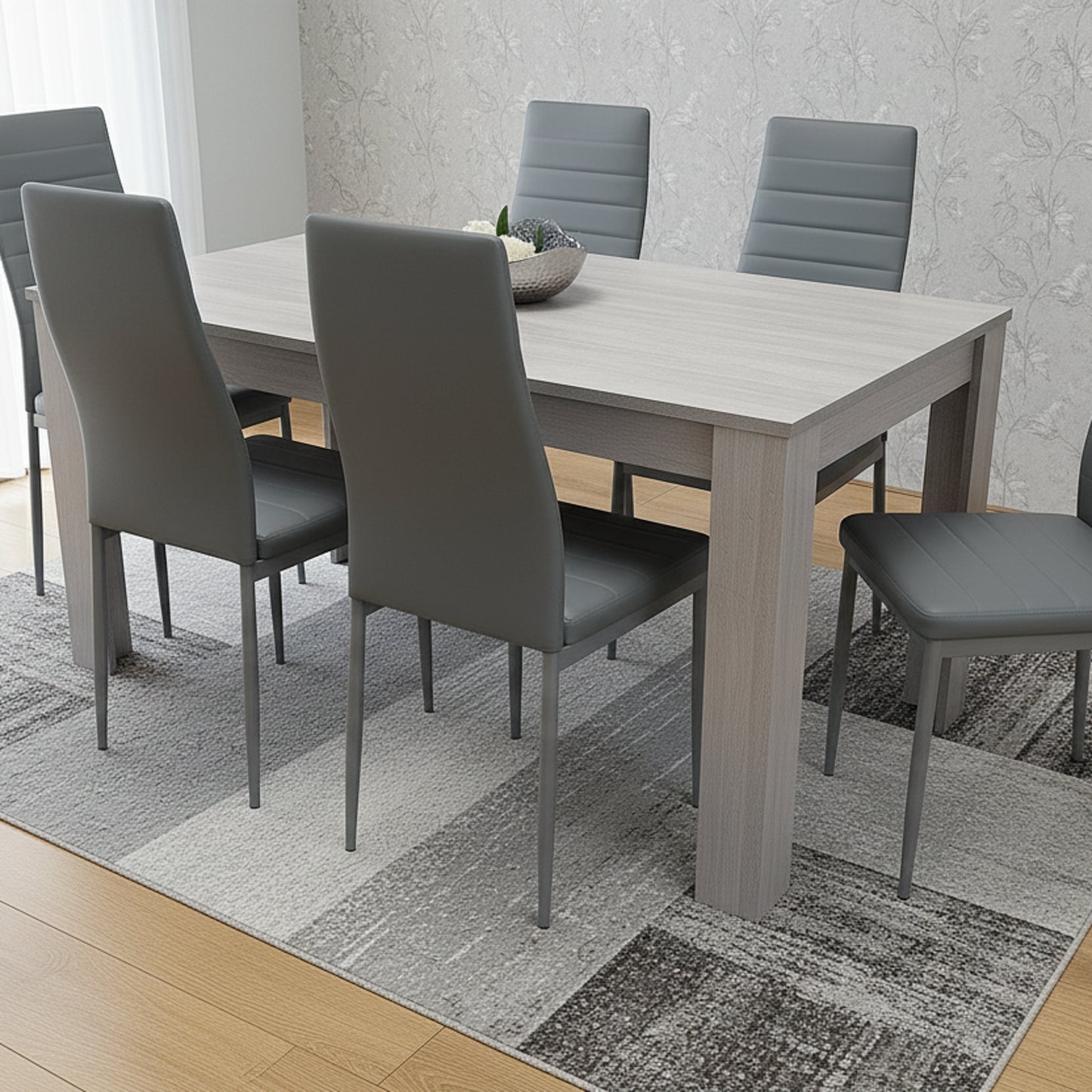 Modern Dining Table Set With 6 Grey Faux Leather Chairs Dining Room Furniture