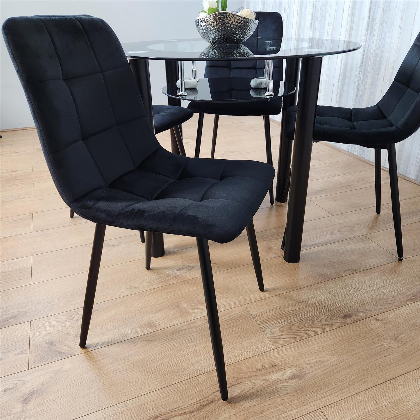 Dining Table and 4 Chairs Round Glass Black  4 Black  Velvet Chairs Dining Room Furniture