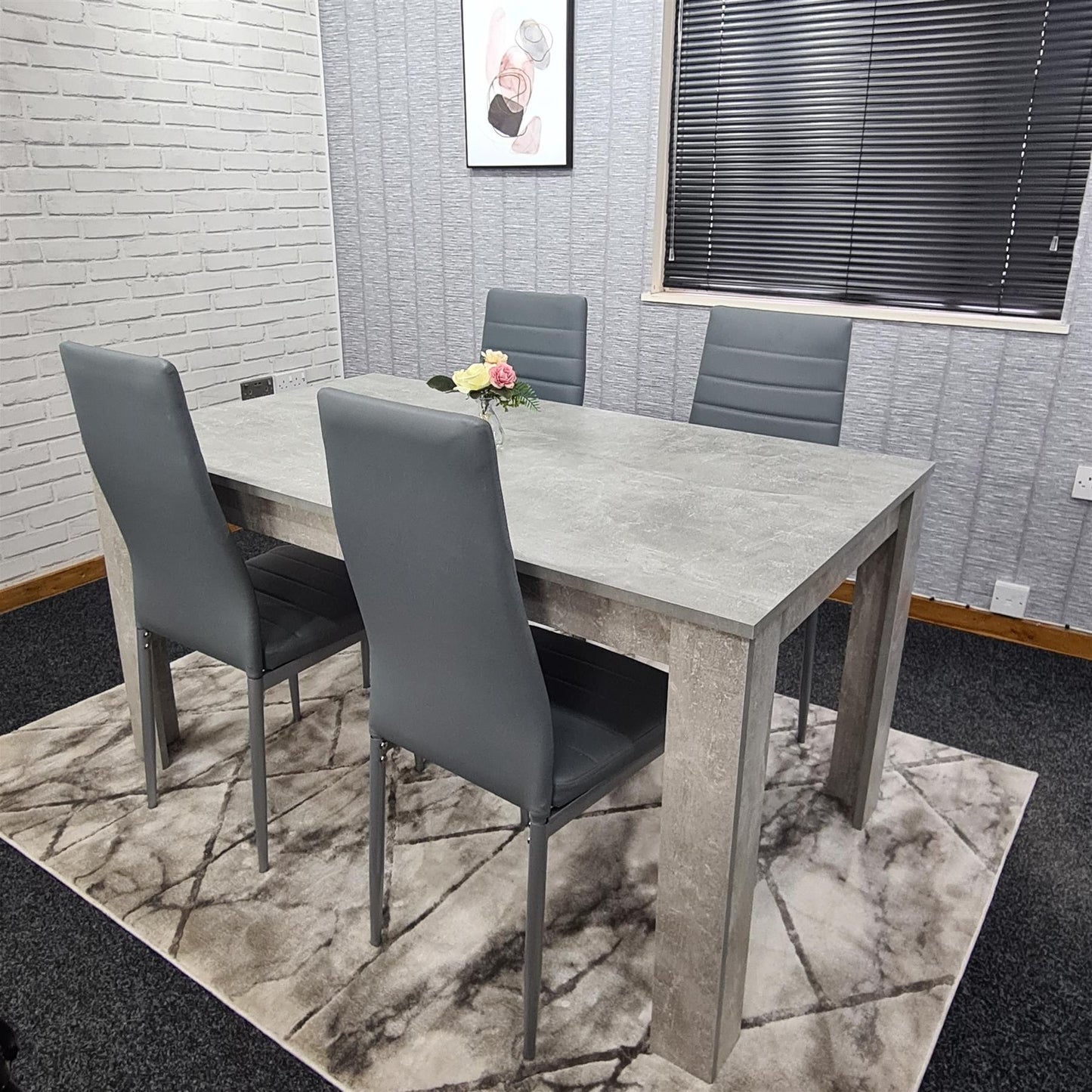 Dining Table and 4 Chairs Stone Grey Effect Wood Table 4 Grey Leather Chairs Dining Room