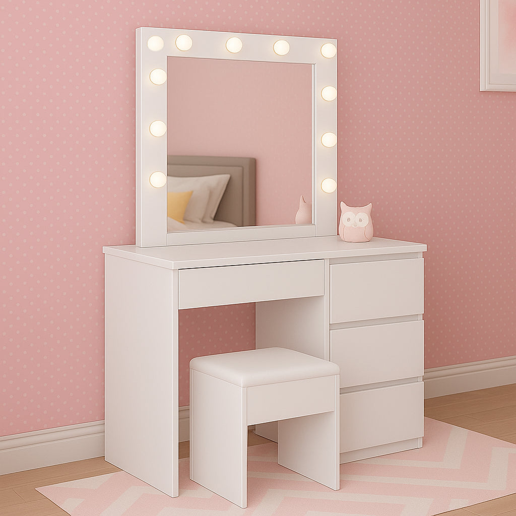 DOUBS Dressing Table Vanity Makeup Desk With LED Mirror And Stool 4 Drawers