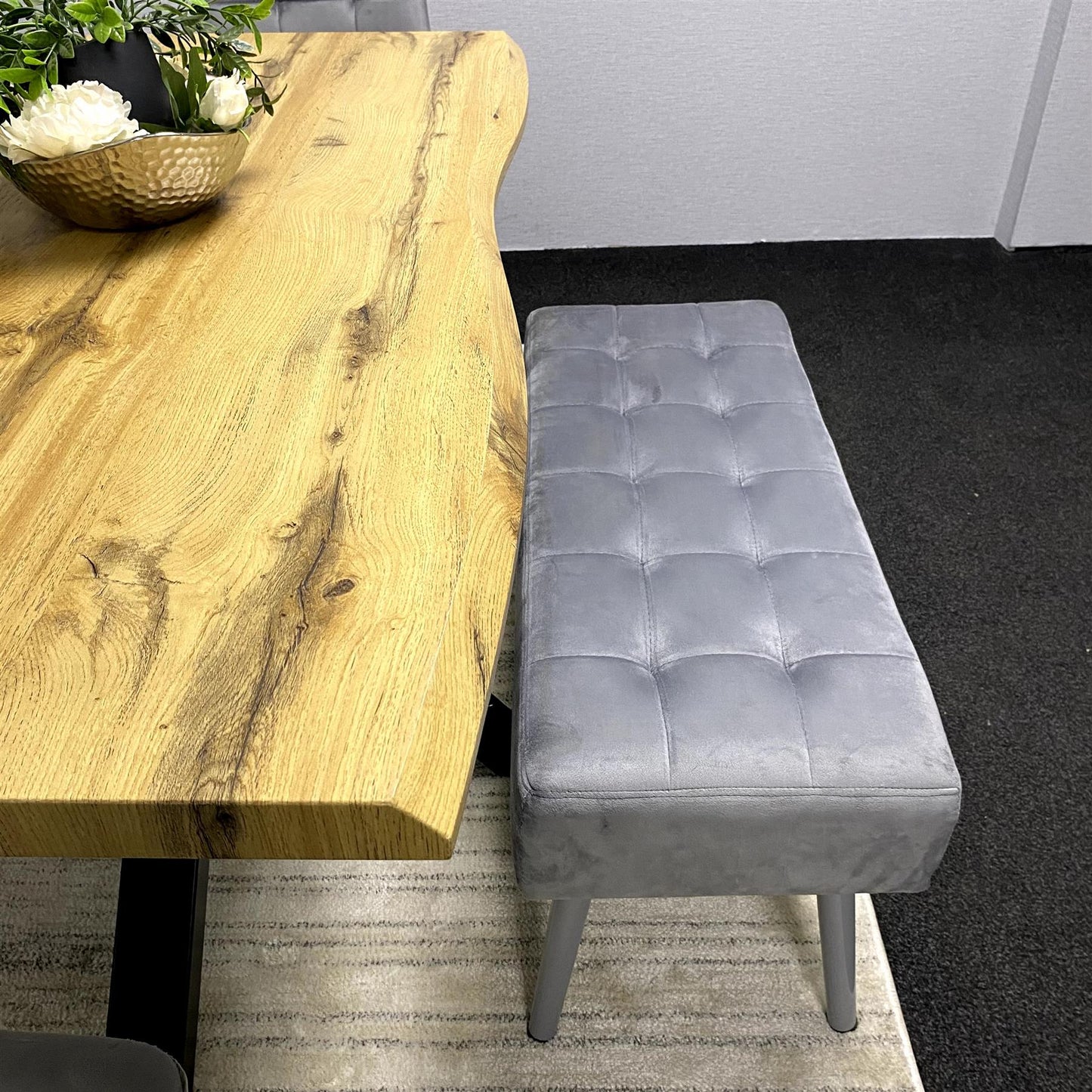 DOUBS Wooden Brown Dining Table with 4 Grey Velvet Chairs and Padded Bench, Dining Room Furniture