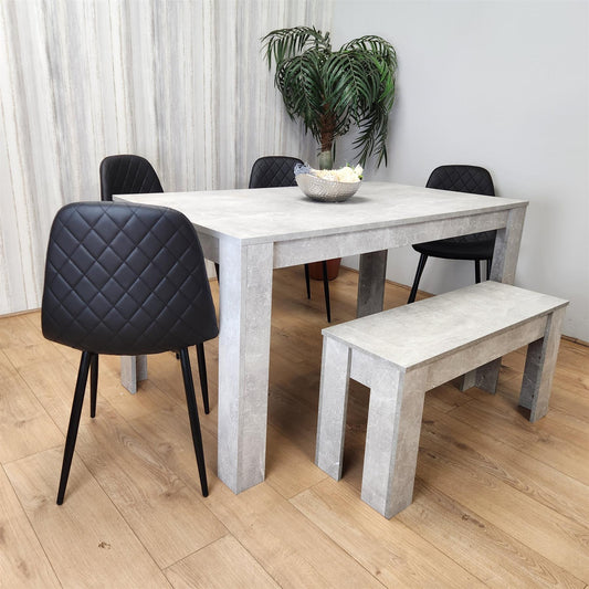 Dining Table and 4 Chairs Stone Grey Effect Wood Table 4 Black Leather Chairs Dining Room
