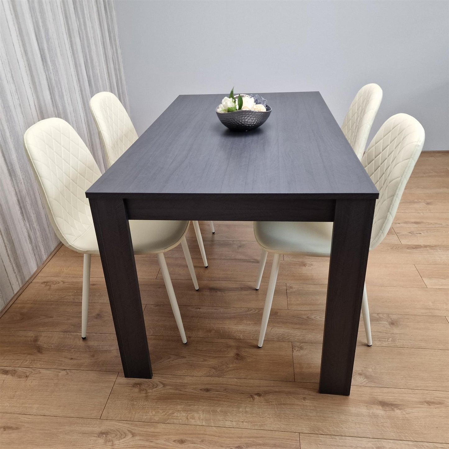 Dining Table and 4 Chairs  Black Dark Grey Leather Cream Chairs Wood Dining Set Furniture
