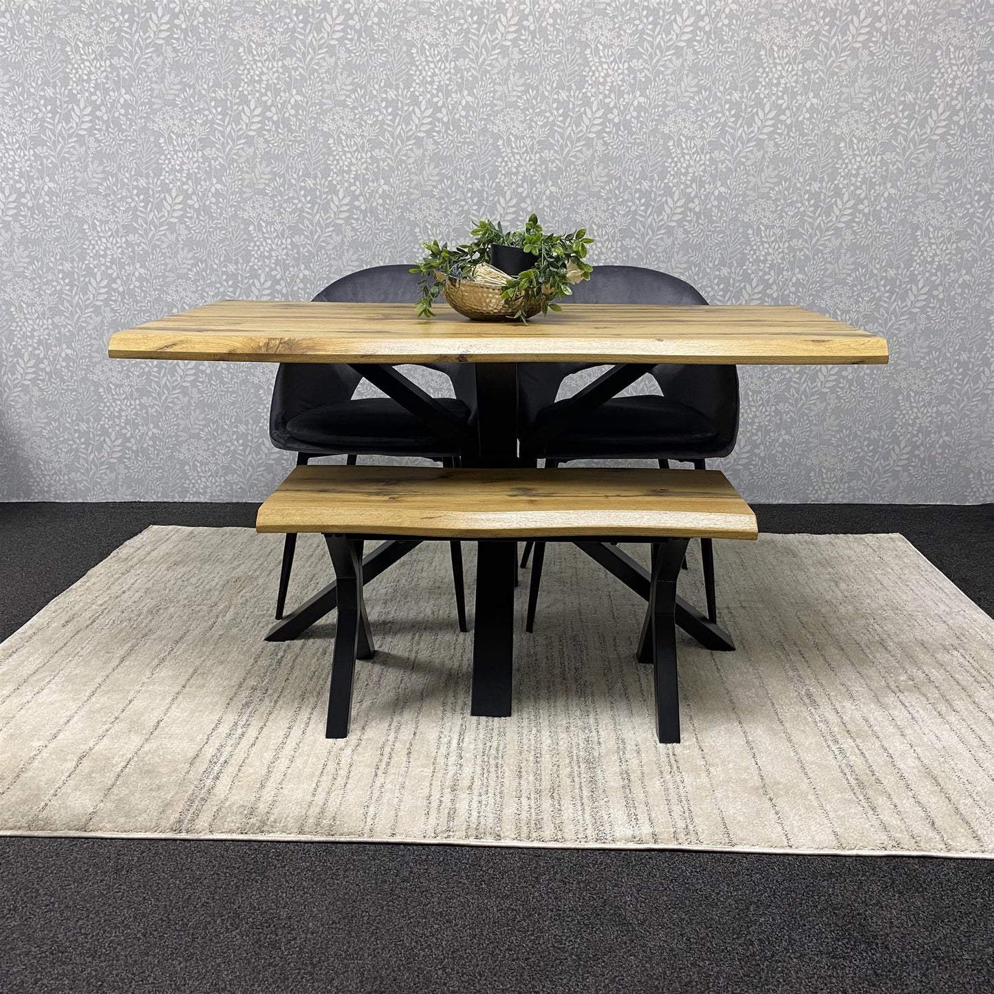 DOUBS Brown Wooden Dining Table with 2 grey Chairs and Bench - Dining Kitchen Room Furniture
