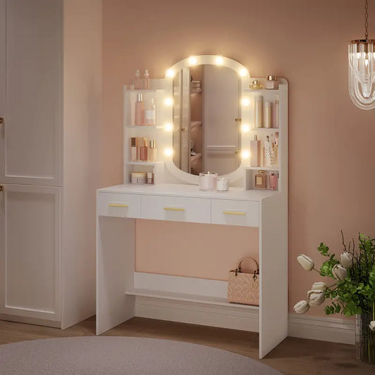 Doubs Contemporary White Dressing Table with Oval Mirror, LED Lighting, Ample Storage, and Elegant Modern Design