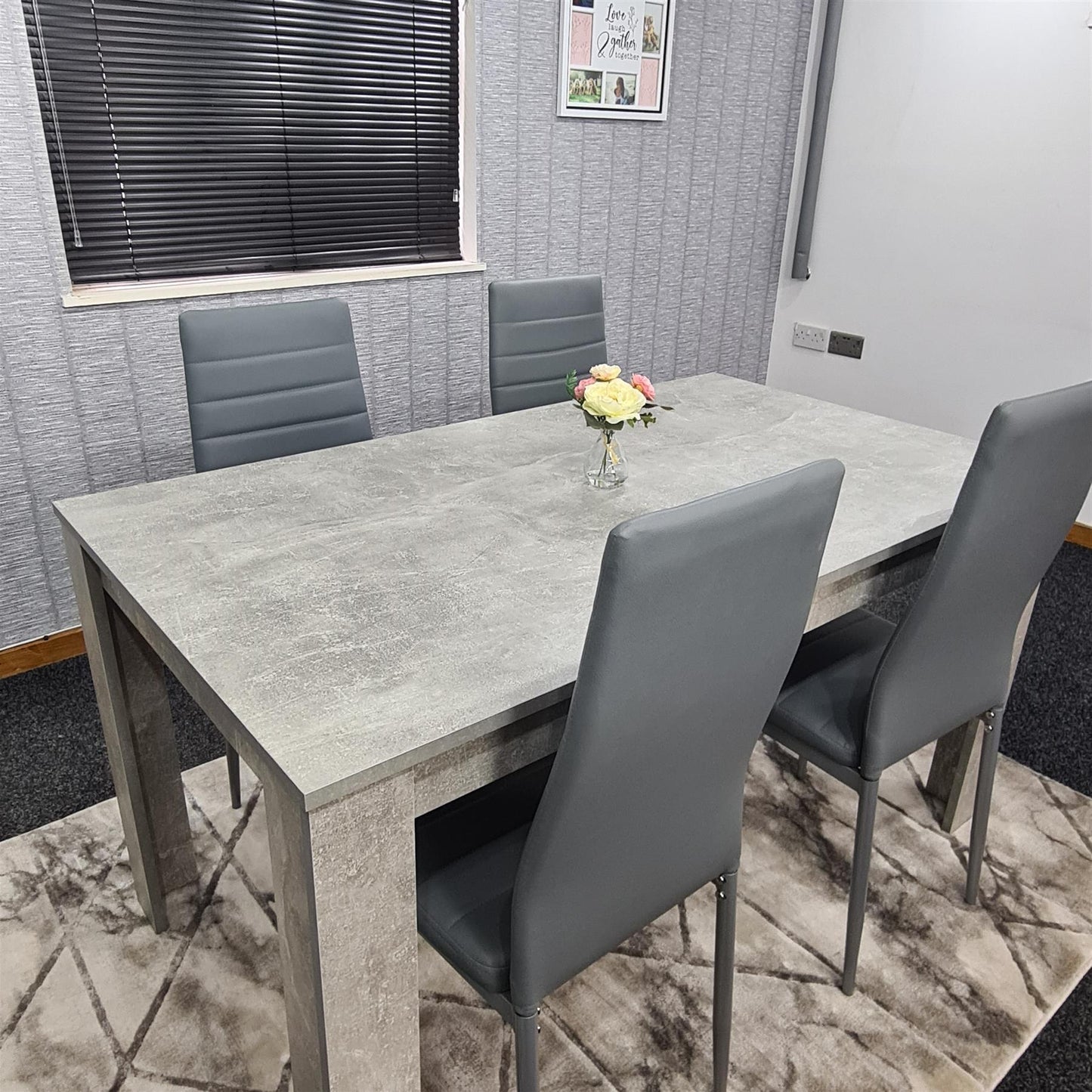 Dining Table and 4 Chairs Stone Grey Effect Wood Table 4 Grey Leather Chairs Dining Room