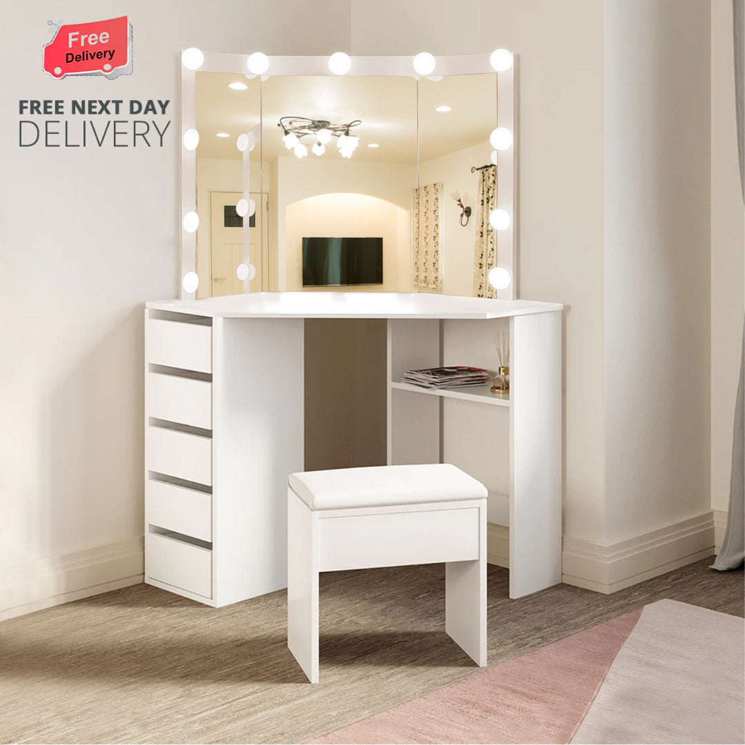 DOUBS Corner Dressing Table with Mirror and Stool Makeup Vanity LED Mirror Lights Hollywood Table