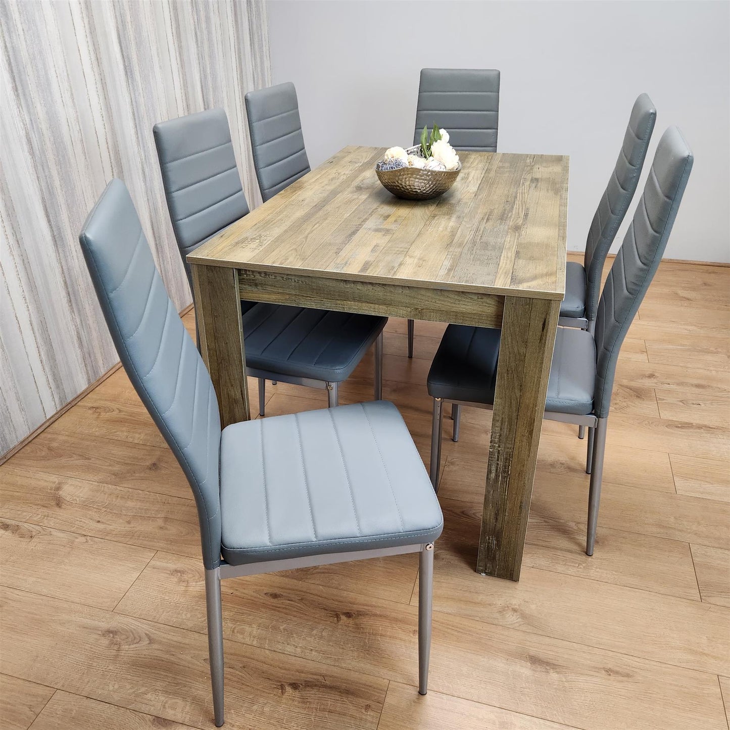 Dining Table and 6 Chairs Rustic Effect Wood Table 6 Grey Leather Chairs Dining Room