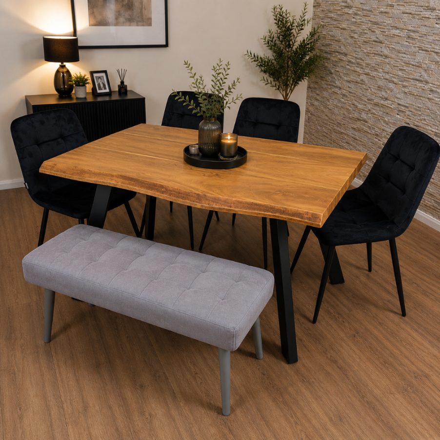 Dining Table for 6 Wooden Dining Table and 4 black velvet Chairs and 1 Grey velvet Bench