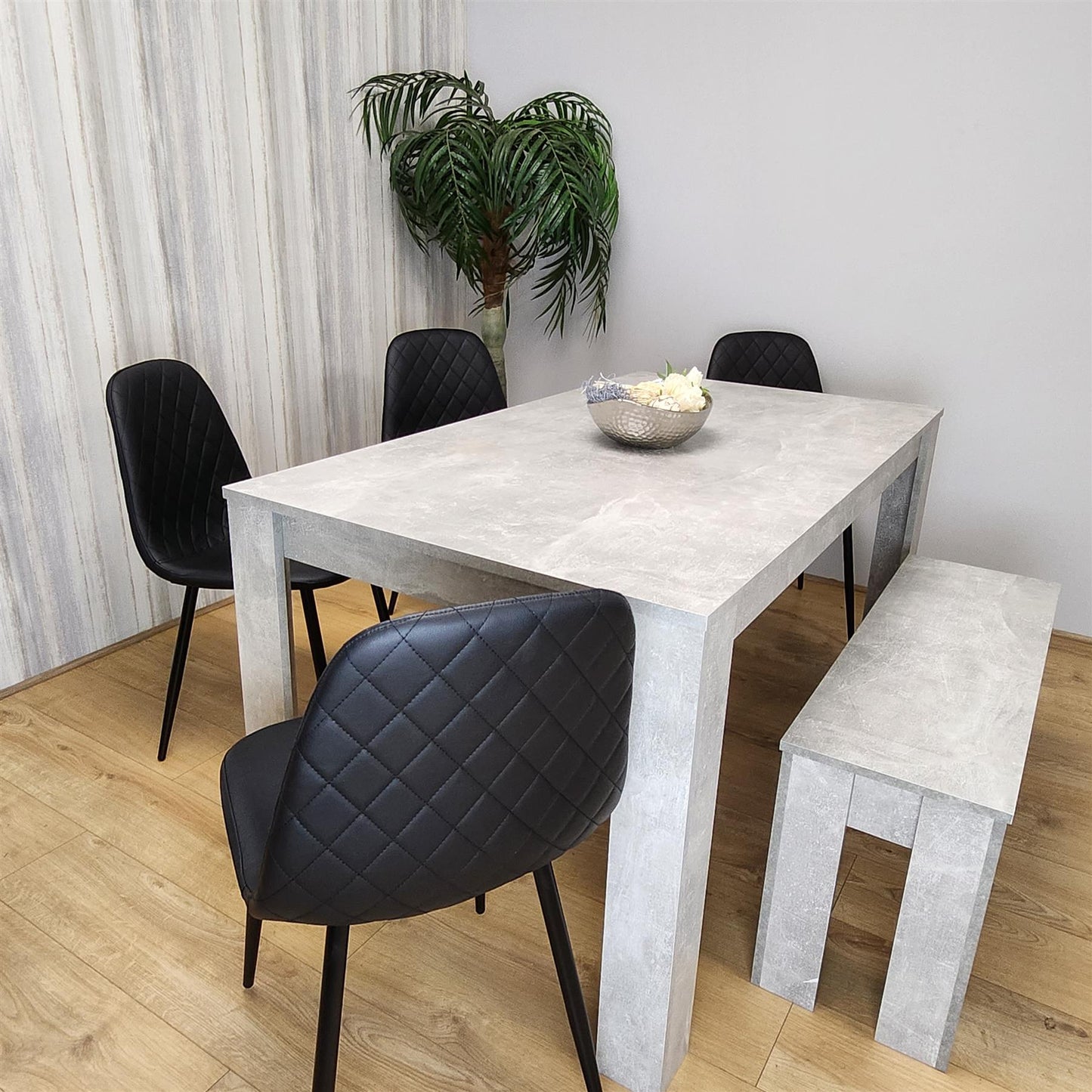 Dining Table and 4 Chairs Stone Grey Effect Wood Table 4 Black Leather Chairs Dining Room