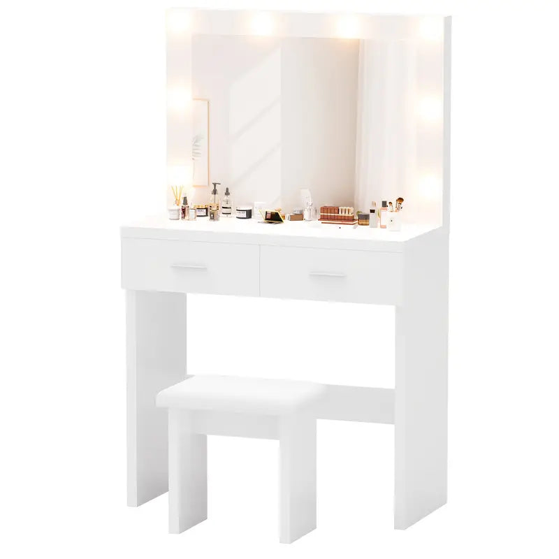 White Dressing Table Set with Hollywood LED Mirror, 2 Large Drawers, and Stool – Vanity Makeup Table with Adjustable 3-Colour Lights, USB Port, and Storage for Bedroom Décor