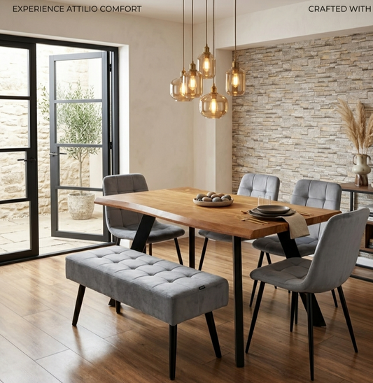 DOUBS Modern Wood Dining Table with 4 Grey Velvet Chairs and 1 Bench 6-Piece Set