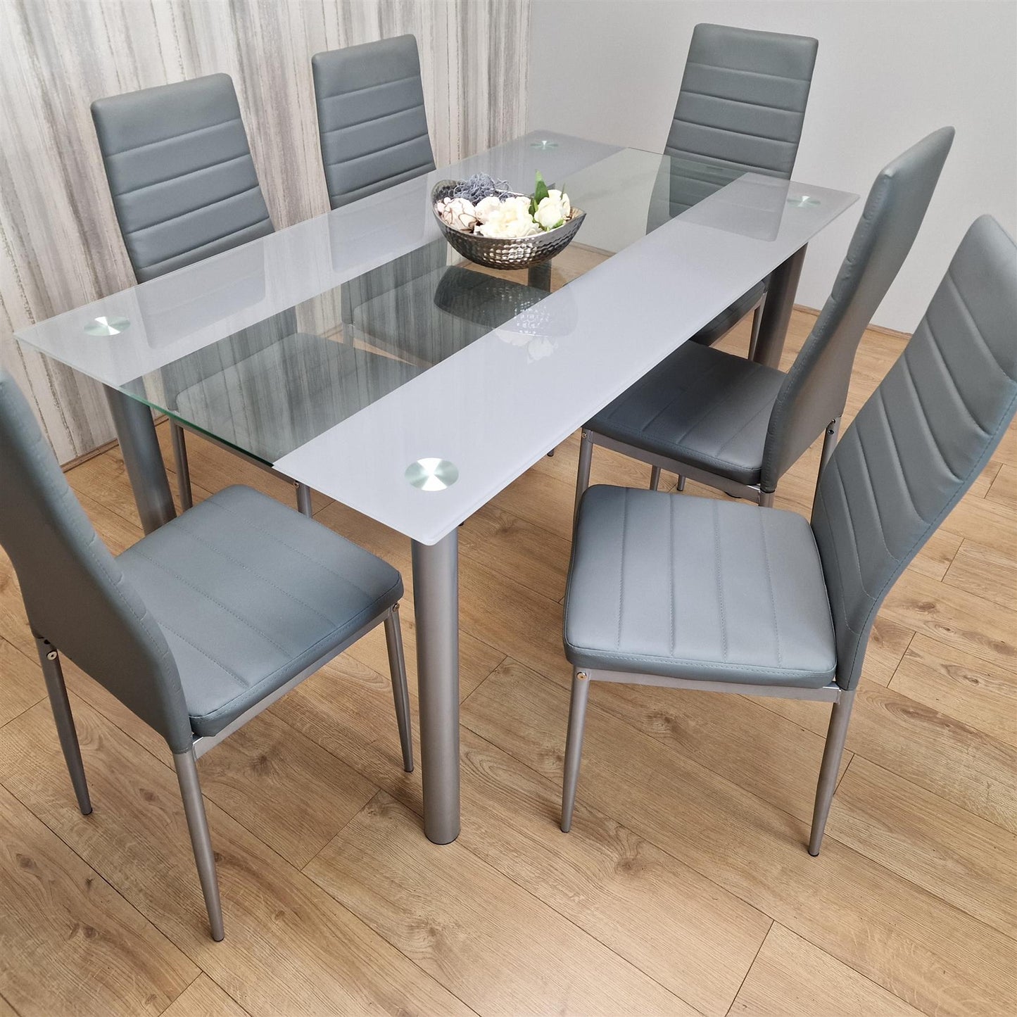 Dining Table and 6 Chairs Grey Clear Glass 6 Leather Grey Chairs Dining Room Furniture