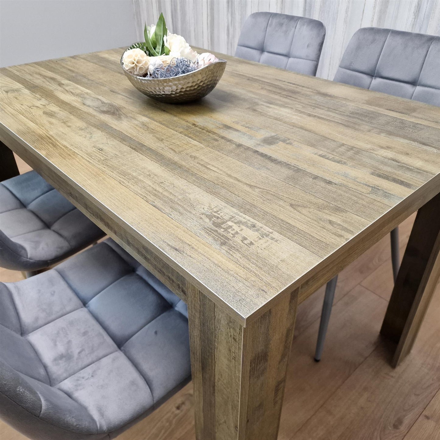 Dining Table and 4 Chairs Rustic Effect Wood Table 4 Grey Velvet Chairs Dining Room