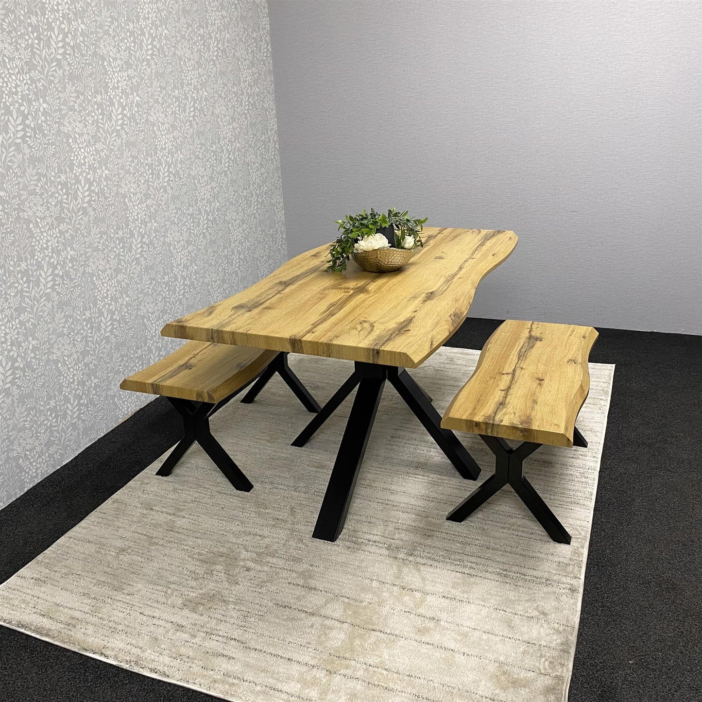 DOUBS Wooden Dining Table and 2 Benches Set with X-Shaped Iron Legs, Curved Edge for Dining Room