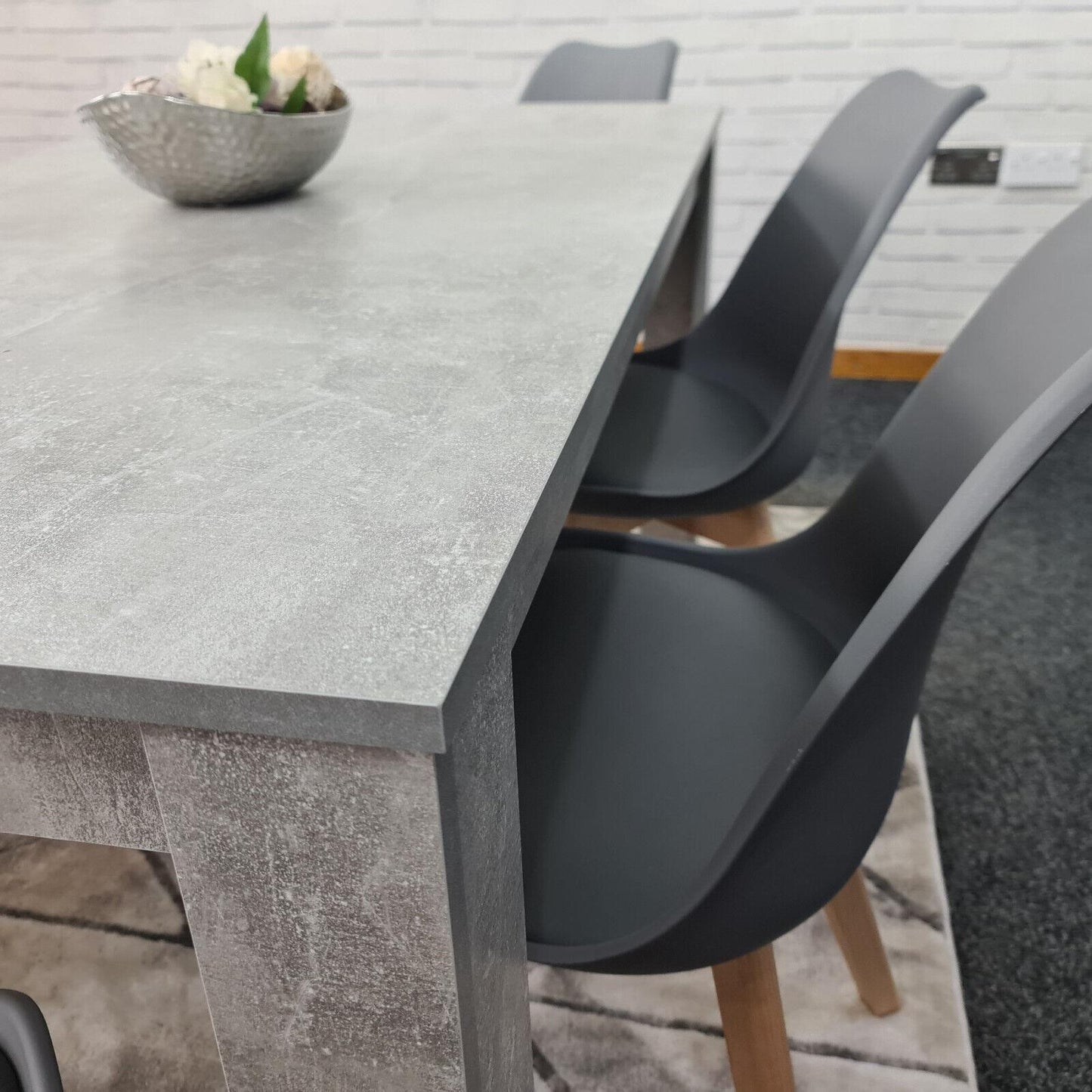 Dining Table and 4 Chairs With Bench Stone Grey Effect Wood Table 4 Grey Plastic Leather Chairs Dining Room